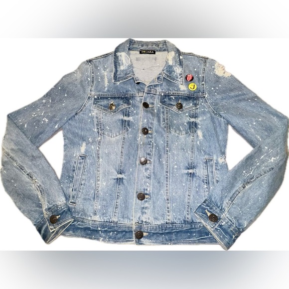 Small Sojara Distressed Blue Denim Jacket Paint Splatter & Pins on Front ✨ 👅🌟 - Picture 5 of 5